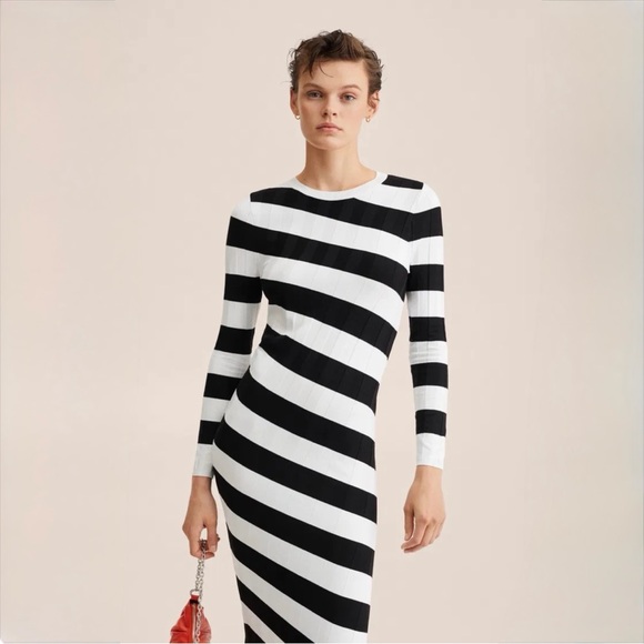 Mango Black White Striped Ribbed Maxi Dress Long Sleeve Bodycon - Picture 10 of 13